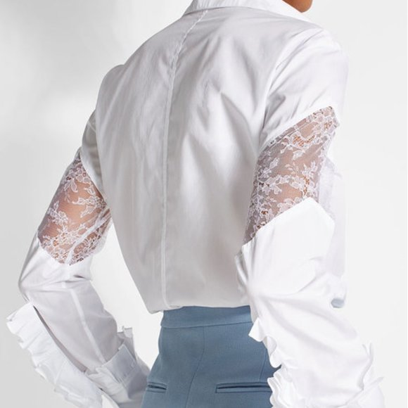 Nina Ricci Tops - Nina Ricci White Lace Button Down w Ruffle Sleeve